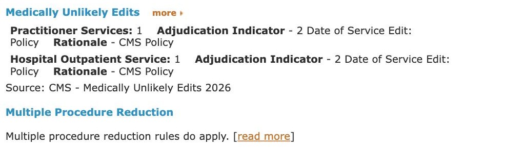CodingToday CPT detail page for code 31233: Medically Unlikely Edits and multiple procedure reduction